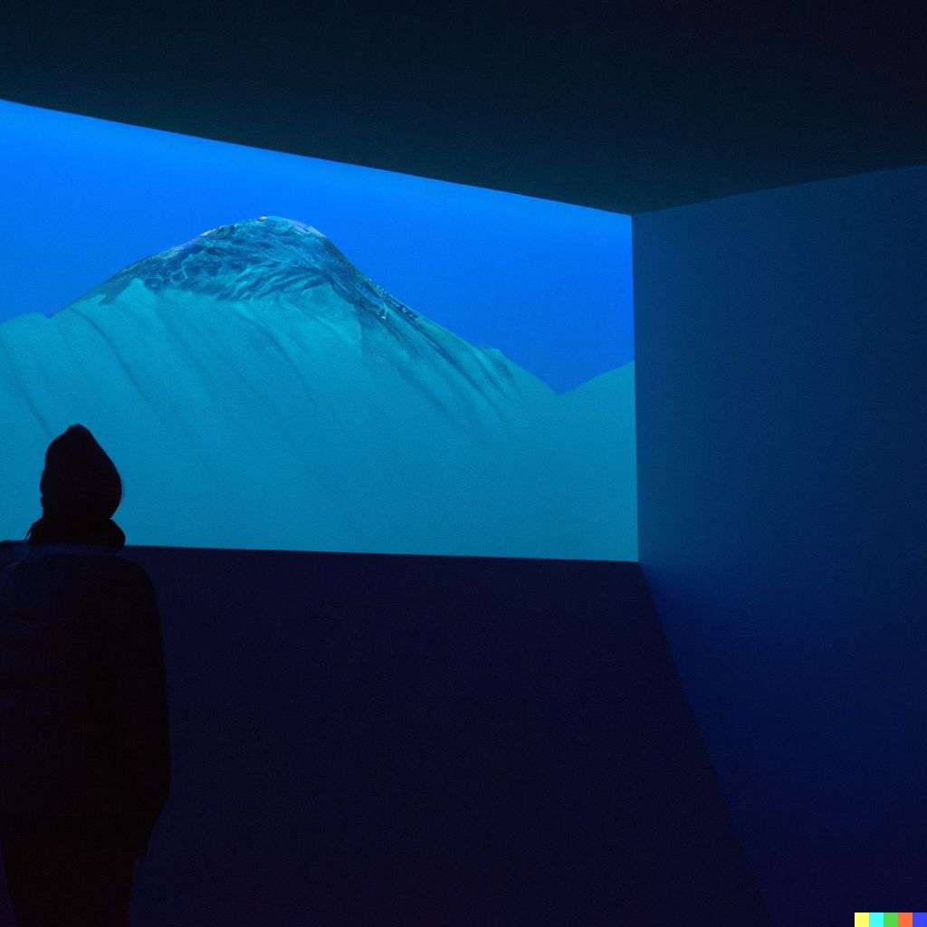 someone gazing at Mount Everest in a light installation by James Turrell, photograph